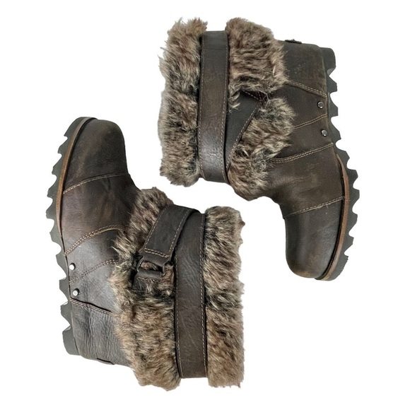 SOREL JOAN OF ARCTIC WEDGE ANKLE APRES SKI FAUX FUR BROWN LEATHER ANKLE BOOTS - Picture 6 of 13
